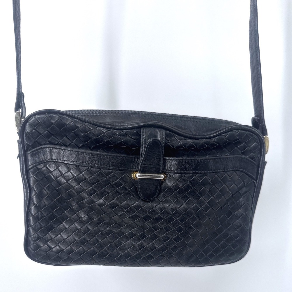 Vintage Talbots Black Woven Leather Crossbody Bag YKK Zipper Messenger